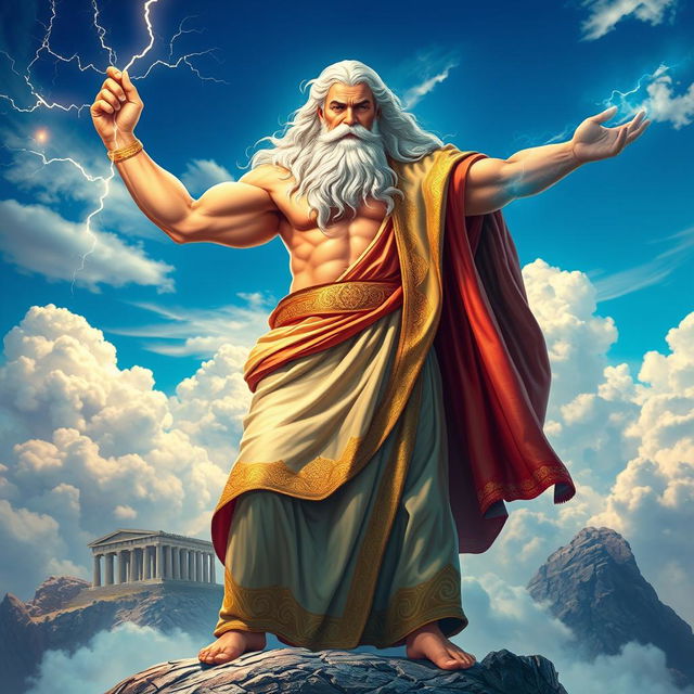 A magnificent portrayal of Zeus, the Greek god, standing majestically atop Mount Olympus