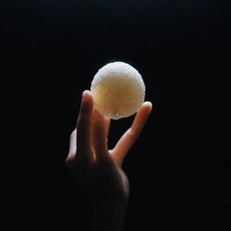 A magnificent hand emerging from the background, extending a luminescent white fruit that glows with a soft, ethereal light. The fruit stands out vividly against the dark backdrop.