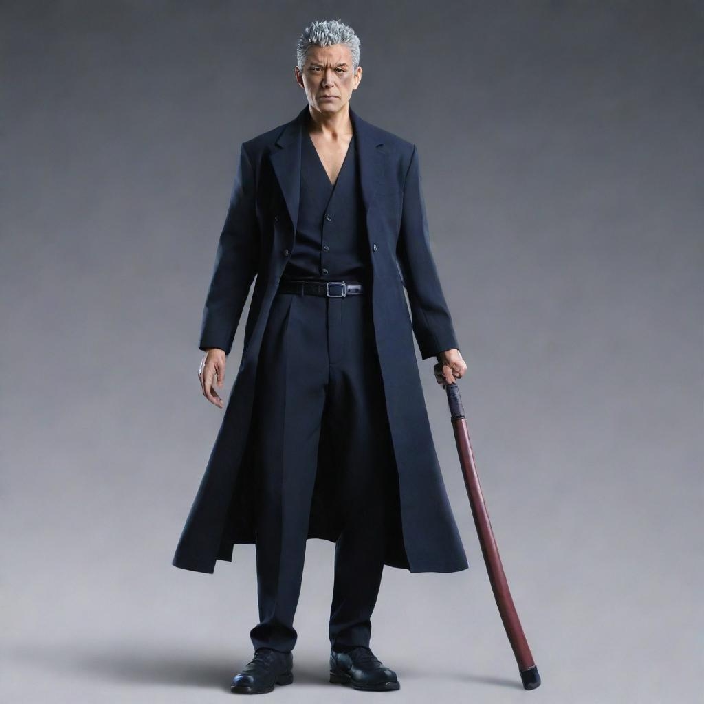 A full portrait image of Toji Fushiguro, the character from Jujutsu Kaisen, holding his signature weapon, standing imposingly.