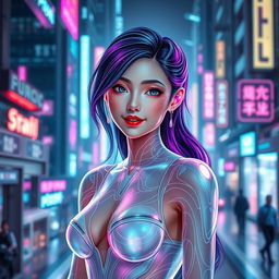 A futuristic, sleek and sensual female holographic AI named Joi, designed with flowing patterns and glowing accents