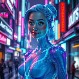 A futuristic, sleek and sensual female holographic AI named Joi, designed with flowing patterns and glowing accents