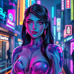 A futuristic, sleek and sensual female holographic AI named Joi, designed with flowing patterns and glowing accents