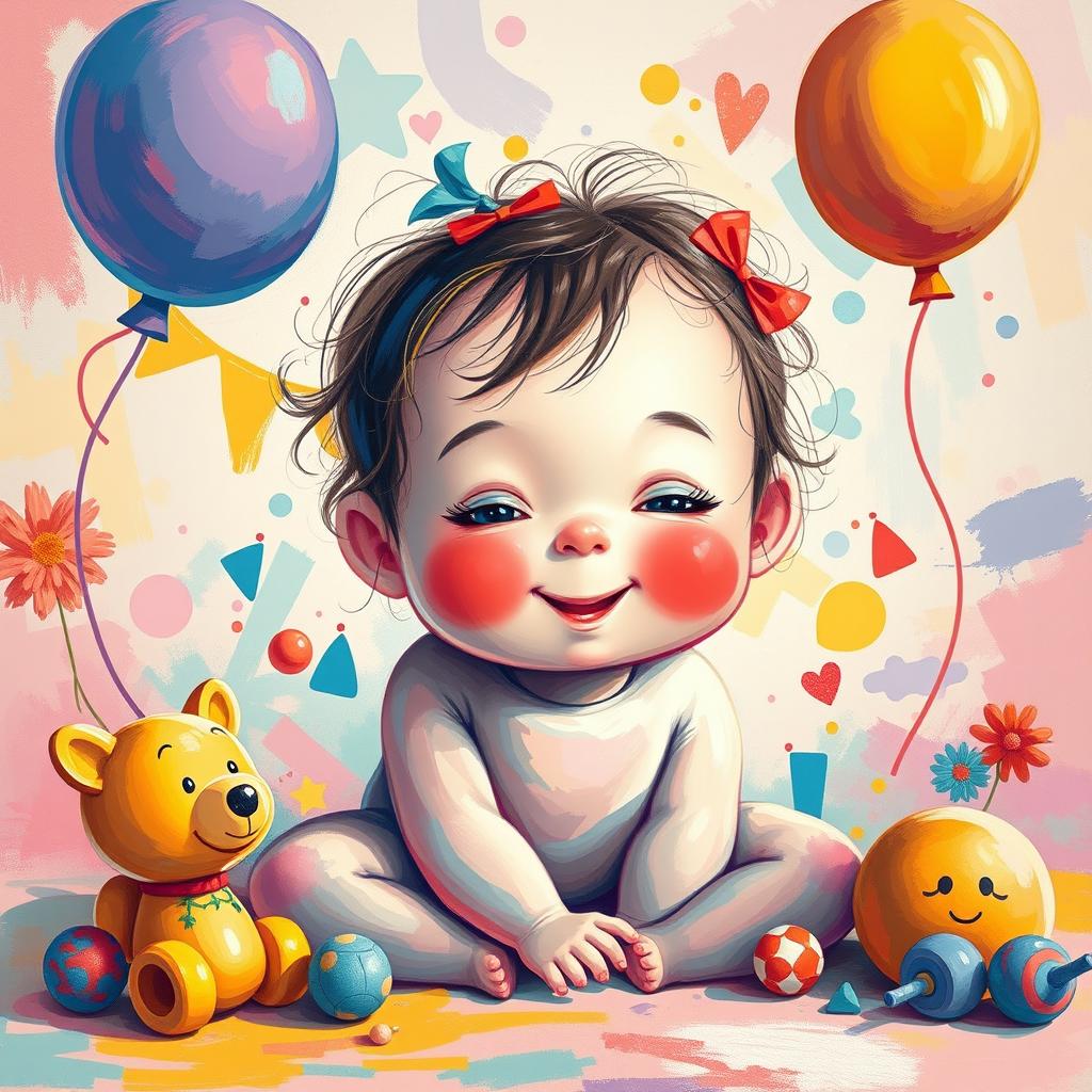 An abstract representation emphasizing innocence and playfulness, featuring vibrant colors and soft shapes, capturing the essence of childhood in a whimsical style, surrounded by playful elements like toys and balloons