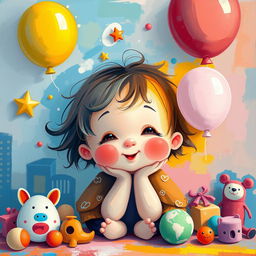 An abstract representation emphasizing innocence and playfulness, featuring vibrant colors and soft shapes, capturing the essence of childhood in a whimsical style, surrounded by playful elements like toys and balloons