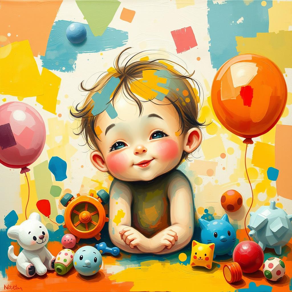 An abstract representation emphasizing innocence and playfulness, featuring vibrant colors and soft shapes, capturing the essence of childhood in a whimsical style, surrounded by playful elements like toys and balloons