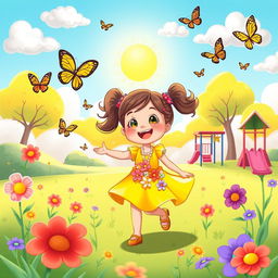 A whimsical and colorful cartoon scene featuring a joyful girl with pigtails, wearing a bright yellow dress adorned with flowers, playing in a sunny park surrounded by vibrant butterflies and fluffy clouds