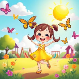 A whimsical and colorful cartoon scene featuring a joyful girl with pigtails, wearing a bright yellow dress adorned with flowers, playing in a sunny park surrounded by vibrant butterflies and fluffy clouds