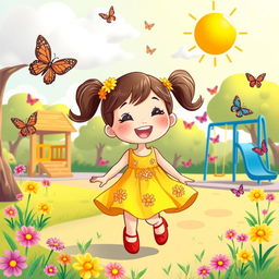 A whimsical and colorful cartoon scene featuring a joyful girl with pigtails, wearing a bright yellow dress adorned with flowers, playing in a sunny park surrounded by vibrant butterflies and fluffy clouds