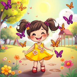 A whimsical and colorful cartoon scene featuring a joyful girl with pigtails, wearing a bright yellow dress adorned with flowers, playing in a sunny park surrounded by vibrant butterflies and fluffy clouds