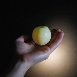 A radiant, luminous white fruit cradled delicately in an outstretched human hand. The scene is dark yet the fruit emits a soft, otherworldly glow, making for a striking contrast.