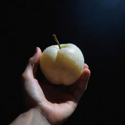 A radiant, luminous white fruit cradled delicately in an outstretched human hand. The scene is dark yet the fruit emits a soft, otherworldly glow, making for a striking contrast.