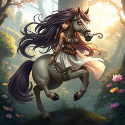 A captivating fantasy artwork depicting a shifter horse girl, showcasing a unique half-human, half-horse creature