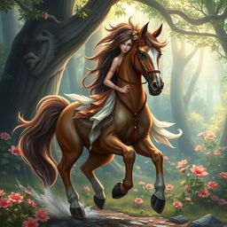 A captivating fantasy artwork depicting a shifter horse girl, showcasing a unique half-human, half-horse creature