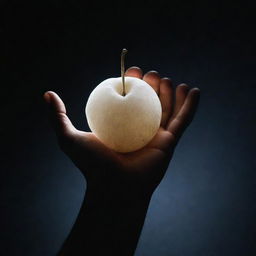 A radiant, luminous white fruit cradled delicately in an outstretched human hand. The scene is dark yet the fruit emits a soft, otherworldly glow, making for a striking contrast.