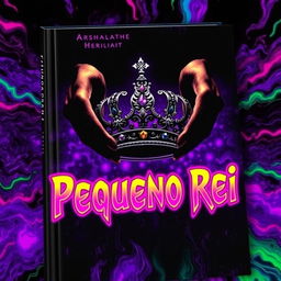 A dark psychedelic book cover featuring two shadowy hands gracefully holding an ornate crown