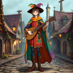 A slender medieval bard, standing 5'7" tall, wearing beautifully crafted bardic clothes