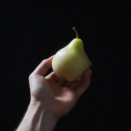 A radiant, luminous white fruit cradled delicately in an outstretched human hand. The scene is dark yet the fruit emits a soft, otherworldly glow, making for a striking contrast.