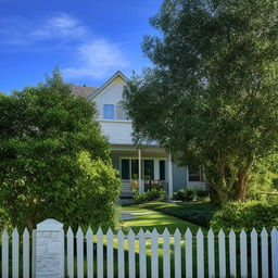 A welcoming, serene, and beautiful house with a lush green yard and a white picket fence, set against a backdrop of azure sky