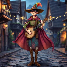 A slender medieval bard, standing 5'7" tall, wearing beautifully crafted bardic clothes