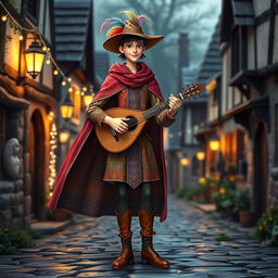 A slender medieval bard, standing 5'7" tall, wearing beautifully crafted bardic clothes