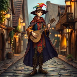 A slender medieval bard, standing 5'7" tall, wearing beautifully crafted bardic clothes