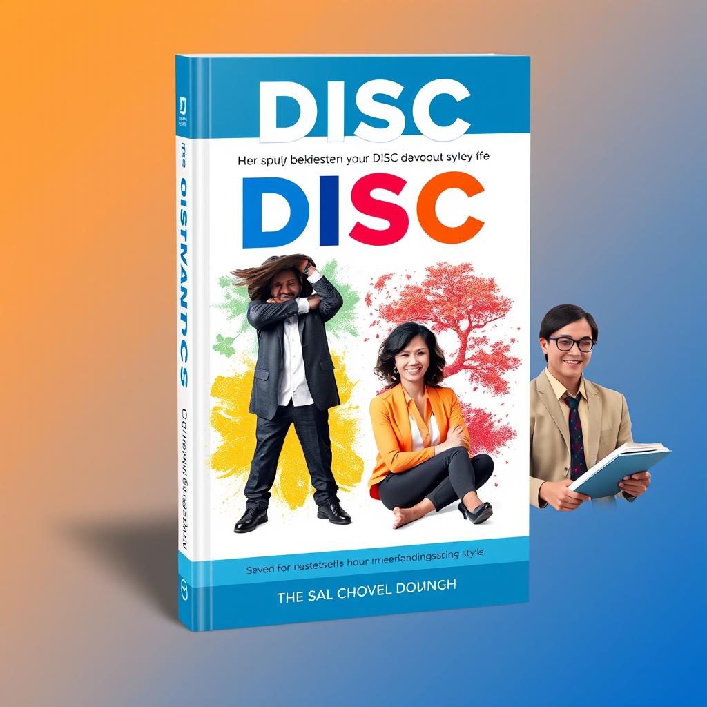A stunning book cover design featuring four distinct individuals representing the DISC behavioral styles: a Dominance type (confident businessperson in a sleek suit, standing with arms crossed), an Influence type (charismatic person with a bright smile, gesturing expressively), a Steadiness type (calm individual with a gentle demeanor, sitting in a serene environment), and a Conscientiousness type (analytical person with glasses, surrounded by books and papers)