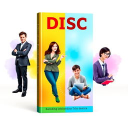 A stunning book cover design featuring four distinct individuals representing the DISC behavioral styles: a Dominance type (confident businessperson in a sleek suit, standing with arms crossed), an Influence type (charismatic person with a bright smile, gesturing expressively), a Steadiness type (calm individual with a gentle demeanor, sitting in a serene environment), and a Conscientiousness type (analytical person with glasses, surrounded by books and papers)