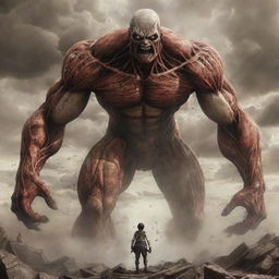 Create an intense image of 'The Rumbling' from 'Attack on Titan'. Show the colossal Titans, initiated by Eren Yeager, stomping across the landscape, causing tremors, destruction and dust clouds.