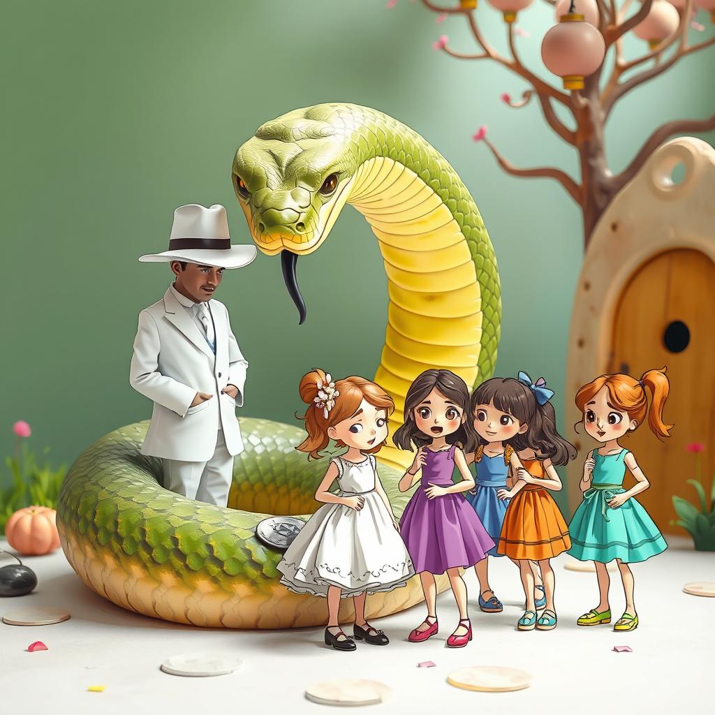 A whimsical scene featuring a large snake coiled artistically, with a man dressed entirely in white including a stylish white hat, standing alongside a visibly sad bride in a flowing wedding gown