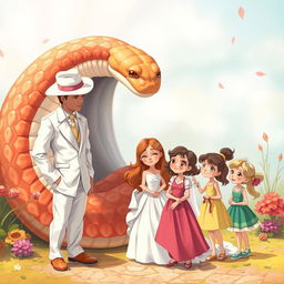 A whimsical scene featuring a large snake coiled artistically, with a man dressed entirely in white including a stylish white hat, standing alongside a visibly sad bride in a flowing wedding gown