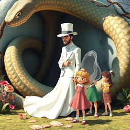 A whimsical scene featuring a large snake coiled artistically, with a man dressed entirely in white including a stylish white hat, standing alongside a visibly sad bride in a flowing wedding gown