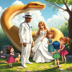 A whimsical scene featuring a large snake coiled artistically, with a man dressed entirely in white including a stylish white hat, standing alongside a visibly sad bride in a flowing wedding gown