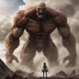 Create an intense image of 'The Rumbling' from 'Attack on Titan'. Show the colossal Titans, initiated by Eren Yeager, stomping across the landscape, causing tremors, destruction and dust clouds.