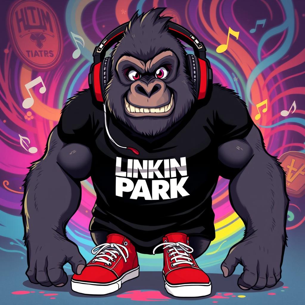 An anime-style illustration of a strong, muscular gorilla with a rock star attitude