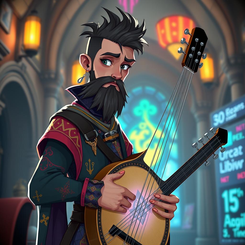 A thin medieval bard character, around 5'7" tall, aged 19, featuring a stylish beard