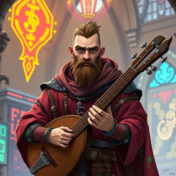 A thin medieval bard character, around 5'7" tall, aged 19, featuring a stylish beard