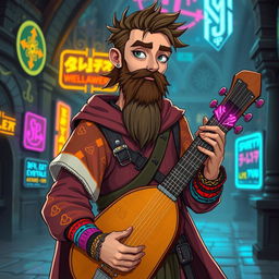 A thin medieval bard character, around 5'7" tall, aged 19, featuring a stylish beard