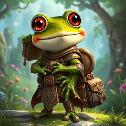 A whimsical and enchanting scene featuring a frog-themed Dungeons & Dragons character with a sexy demeanor