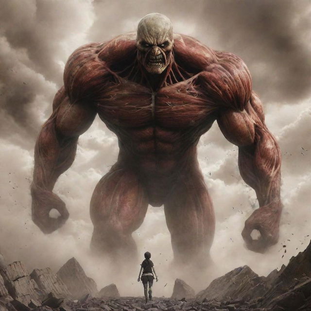 Create an intense image of 'The Rumbling' from 'Attack on Titan'. Show the colossal Titans, initiated by Eren Yeager, stomping across the landscape, causing tremors, destruction and dust clouds.