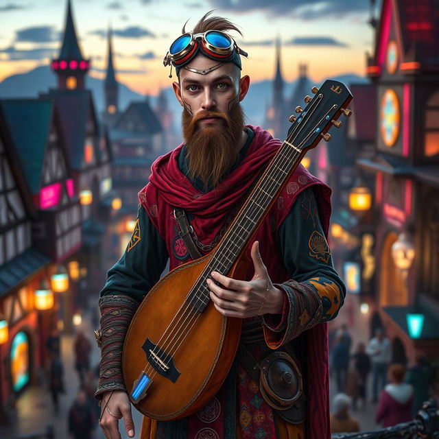 A slender medieval character standing 5'7" tall, dressed in colorful bard clothes that blend traditional medieval style with futuristic cyberpunk elements