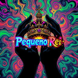 A manga shounen-style book cover infused with psychedelic art, featuring two shadowy hands majestically holding an elaborate crown