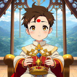 An anime-style illustration inspired by Studio Ghibli, depicting a young boy with brown eyes and light skin, featuring a distinctive red mark on his forehead