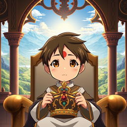 An anime-style illustration inspired by Studio Ghibli, depicting a young boy with brown eyes and light skin, featuring a distinctive red mark on his forehead