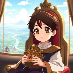 An anime-style illustration inspired by Studio Ghibli, depicting a young boy with brown eyes and light skin, featuring a distinctive red mark on his forehead