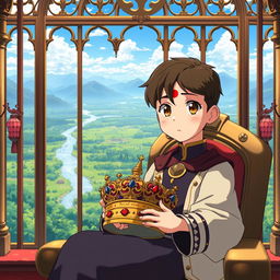 An anime-style illustration inspired by Studio Ghibli, depicting a young boy with brown eyes and light skin, featuring a distinctive red mark on his forehead