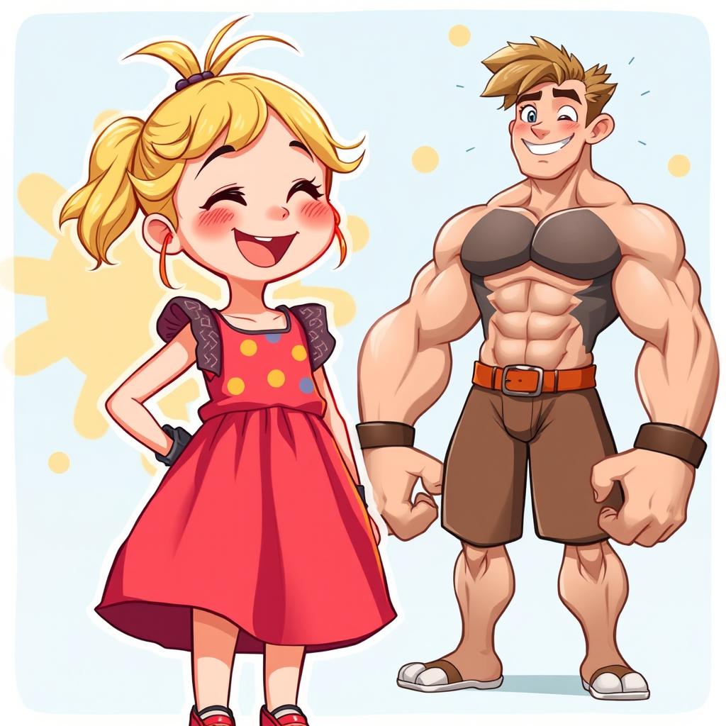 A character design featuring an 11-year-old girl with a cute, colorful dress and tied-up blonde hair, smiling joyfully