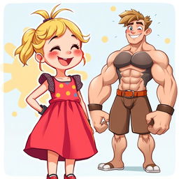 A character design featuring an 11-year-old girl with a cute, colorful dress and tied-up blonde hair, smiling joyfully