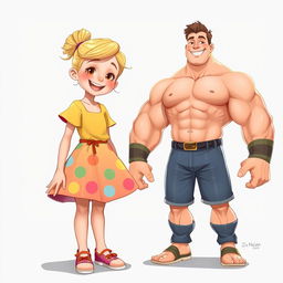 A character design featuring an 11-year-old girl with a cute, colorful dress and tied-up blonde hair, smiling joyfully