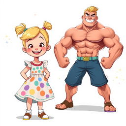 A character design featuring an 11-year-old girl with a cute, colorful dress and tied-up blonde hair, smiling joyfully