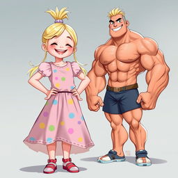 A character design featuring an 11-year-old girl with a cute, colorful dress and tied-up blonde hair, smiling joyfully